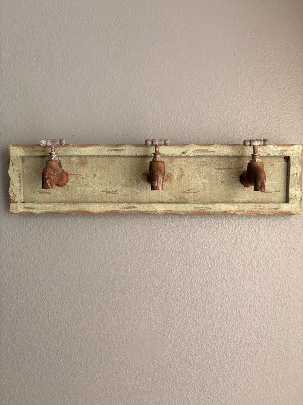 Distressed Green Wall Hook Rack with Faucet-Style Hooks